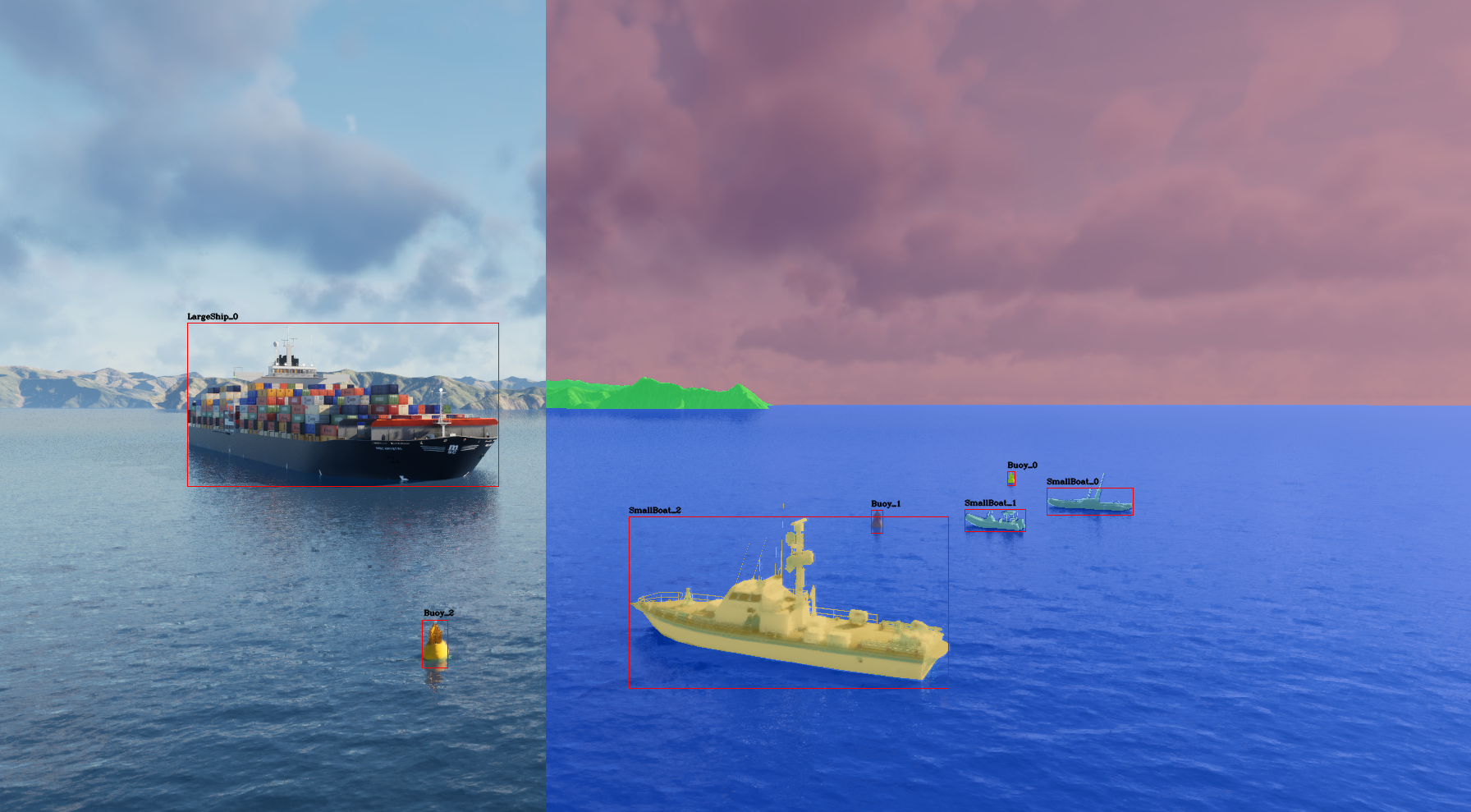 AILiveSim simulation with segmentation overlay of maritime scene